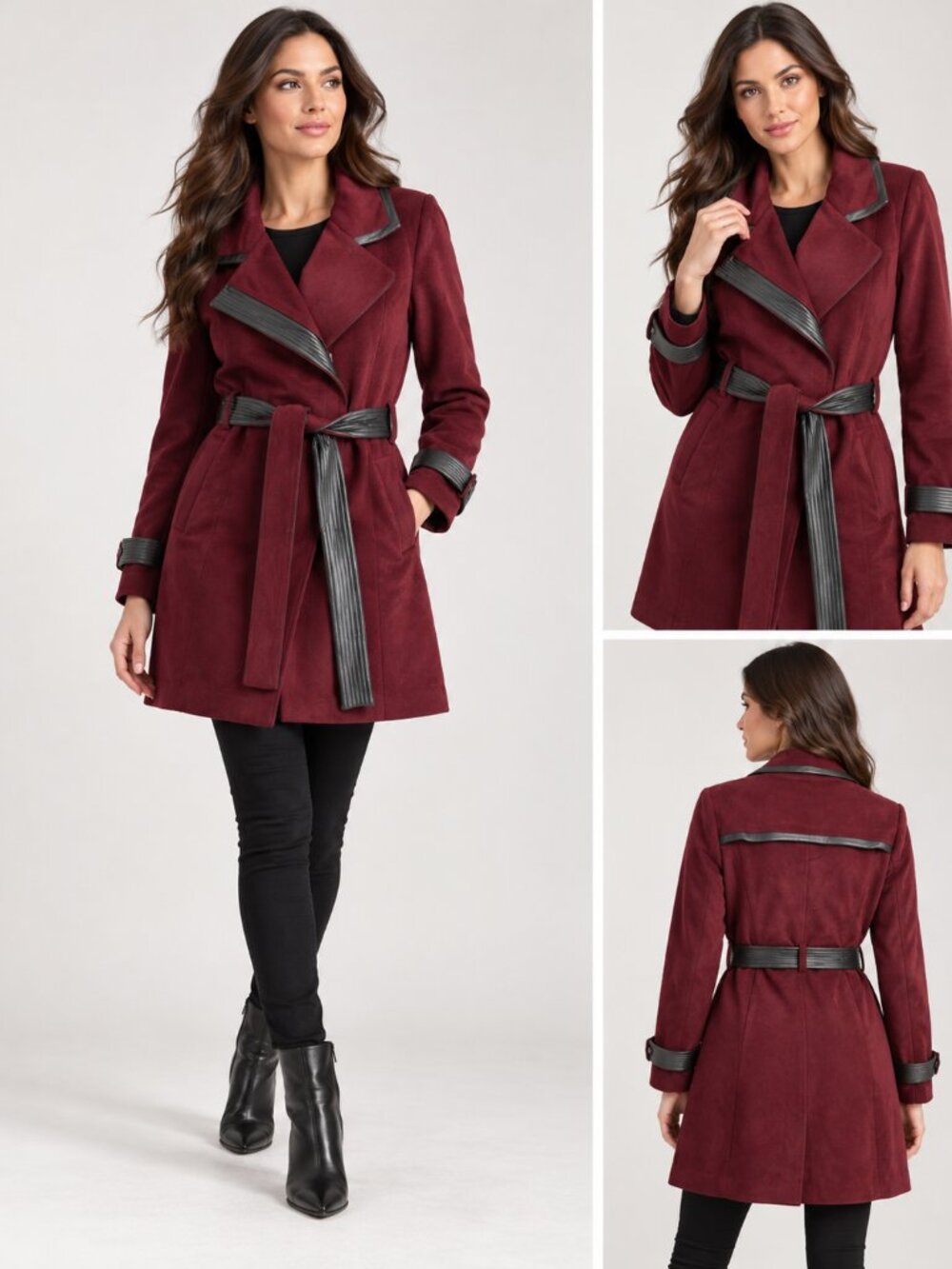 Badgley Mischka Coat Women Large Burgundy Wool Blend Belted Black Trim Wrap Z83